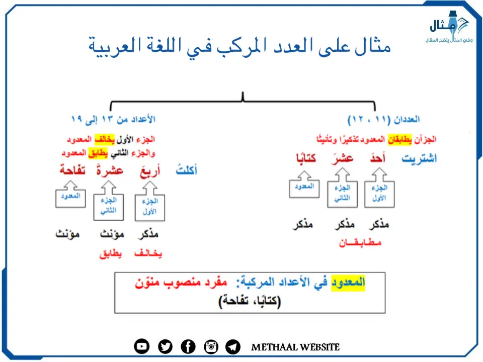 مثال على العدد المركب في اللغة العربية 